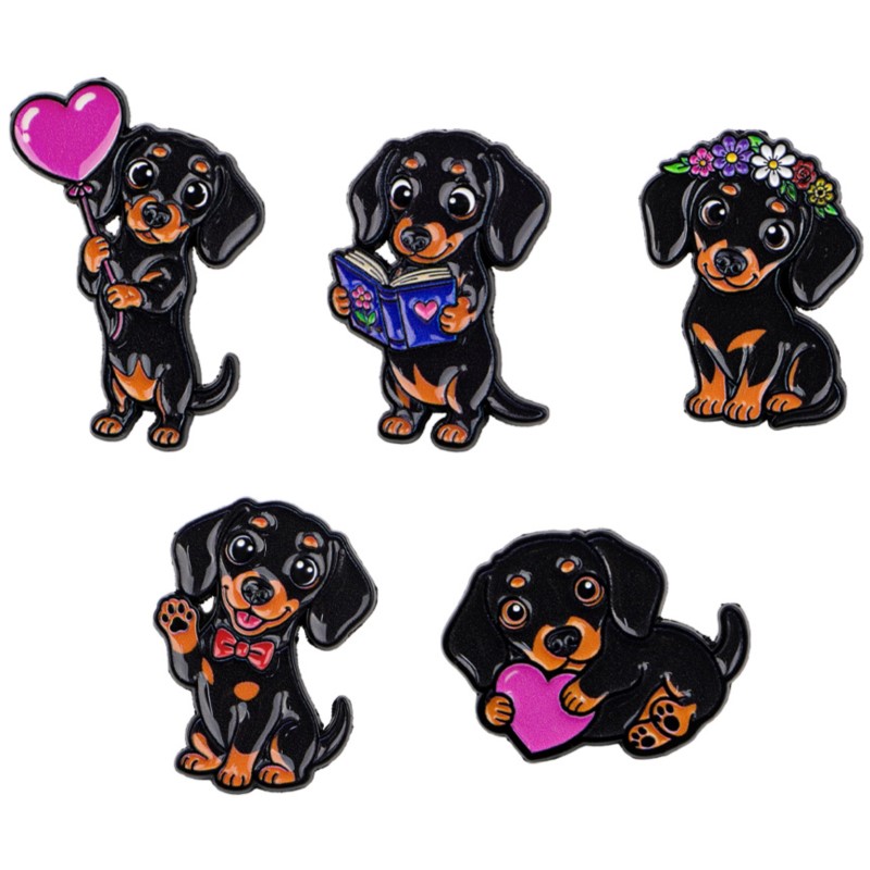 Supply Florist - 5 個のかわいいダックスフントエナメルピンセットハートフラワーブックボウ犬漫画ブローチバックパック帽子服アクセサリー動物愛好家のギフト